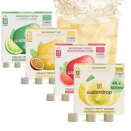 Produktbild: waterdrop® Microdrink Tropical Mix, 48 Waterdrop Drops Würfel, 4 fruchtige Sorten inklusive Eistee ZITRONE, Zuckerfreies Getränkpulver, Geschmack für Wasser, kalorienarm und wertvolle Vitamine