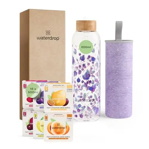 Produktbild: waterdrop® Flasche aus Glas 600ml inkl. 18 zuckerfreie Drops - Geschenk für Frauen - Probierpaket mit Wasserflasche, Flavor Drops & Vitaminen - auslaufsichere Trinkflasche & Kohlensäure geeignet