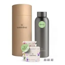 Produktbild: waterdrop® Starter Set Steel – Trinkflasche + 18 zuckerfrei Getränkewürfel zum Auflösen – 6 fruchtige Sorten – 600ml Edelstahlflasche auslaufsicher – Kohlensäure geeignet