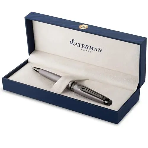 Produktbild: Waterman Expert Kugelschreiber | Silberfarbene Metallic-Lackierung mit Ruthenium-Zierteilen | Mittlere Spitze | Blaue Tinte | In Geschenkbox