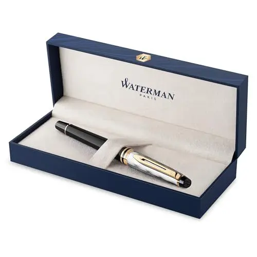 Produktbild: Waterman Expert Tintenroller | Metall und schwarzer Lack mit goldenen Zierteilen, ziselisierte Kappe | feine Spitze | schwarze Tinte | Geschenkbox