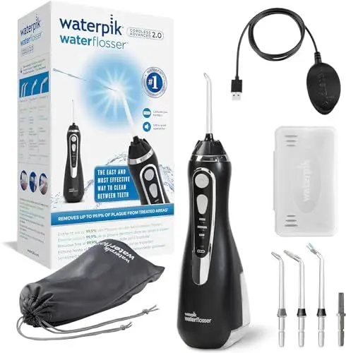 Produktbild: Waterpik Munddusche kabellos, Cordless Advanced, Testsieger 2024, Precision Pulse Technology, bis zu 99,9 Prozent Plaque Entfernung, 4x Aufsätze, 3 individuelle Modi, Induktionsladesystem, Schwarz