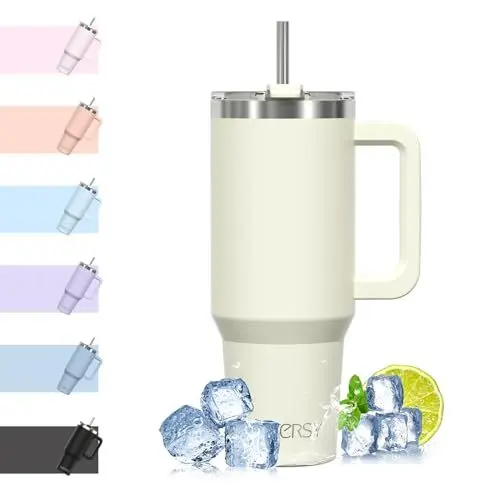 Produktbild: WATERSY 40oz Kaffeebecher to Go Thermobecher Doppelwandiger Edelstahl Vakuum Auslaufsicher Trinkbecher mit Griff und Strohhalm, Tragbare Autobecher Thermal Tumbler Beige für Kalte Heiße Getränke