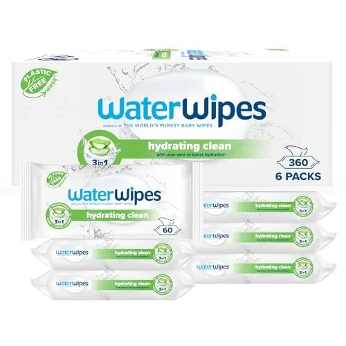 Produktbild: WaterWipes Feuchtigkeitsspendende, säubernde Baby-Feuchttücher, 360 Tücher (6 Packungen), mit 99% Wasser & Aloe Vera Extrakt, Feuchttücher für Gesicht & Körper