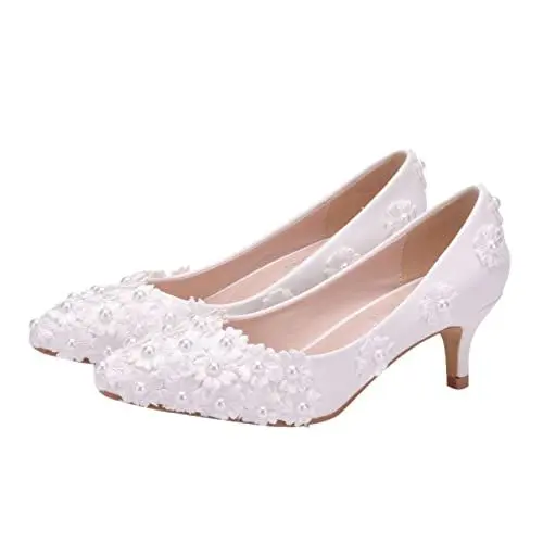 Produktbild: WATIIFUFU 1 Paar Spitzenblumen-Hochzeitsschuhe Spitzenblumenschuhe High Heels Mit Zehenpartie High Heels Für Hochzeitsfeiern Flache Sandalen Damen Sandaletten Offener Peeptoe Weiß Pu