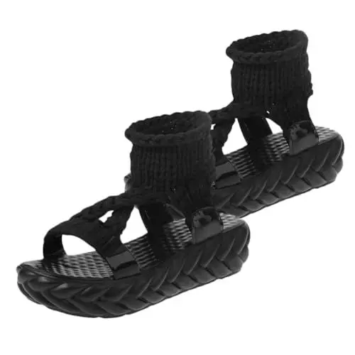 Produktbild: WATIIFUFU 1 Paar Gestrickte Wollsandalen Keilrutschen Für Frauen Keilsandalen Für Damen Sommerliche Keilsandalen Plateausandalen Mit Offener Zehenpartie Zehentrenner Im Sommer Peeptoe Black