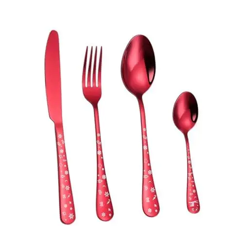Produktbild: WATIIFUFU 1 Set Edelstahl Western Besteck Weihnachten Ware Set Rot Für Hause Besteck Edelstahl Geschirr