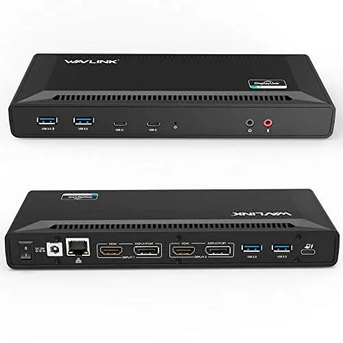 Produktbild: WAVLINK USB C Universelle Docking Station 60W Stromversorgung Unterstützt Dual 4K Videoausgänge (DisplayPort und HDMI, Gigabit Ethernet, Audio Out und Mic In,4 USB 3.0 und 2 USB C-Anschlüsse)