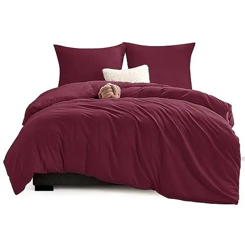 Produktbild: WAVVE Bettwäsche 155x220 3 teilig Weinrot Rot - Bettbezug 155 x 220 Set mit 2 Kissenbezüge 80x80 cm, Bettwäsche-Sets 155x220cm aus Mikrofaser mit Reißverschluss Weich und Bügelfrei, Burgund