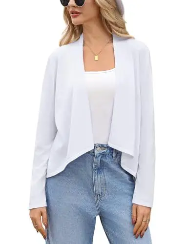 Produktbild: Wayleb Bolero Damen Kurz Strickjacke Langarm Knit Cardigan Leichte Kurzjacke Open Front Elegante Bolero Jäckchen Einfarbige Casual Dünne Strickmantel, Weiß S