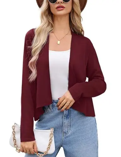 Produktbild: Wayleb Cardigan Damen Langarm Strickjacke Open Front Bolero Jäckchen Einfarbige Elegante Dünne Strickmantel Leichte Kurz Jäcke für Frühling und Herbst, Weinrot M