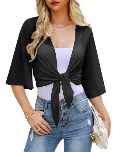 Produktbild: Wayleb Bolero Damen Festlich 3/4 Ärmel Cardigan Jacke Sommer Kurze Strickjacke Elegant Offen Kurzarm Bolero Jäckchen für Abendkleid, Schwarz M