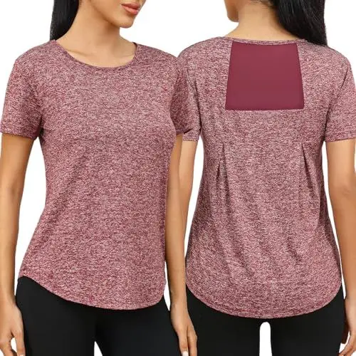 Produktbild: Wayleb Damen Kurzarm Sport Shirt - Leichtes Locker Laufshirt, Weich Rundhals Top Mit Atmungsaktivem Back Mesh für Fitness und Laufen, Weinrot M