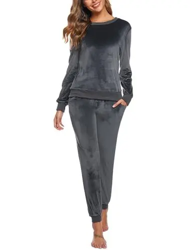 Produktbild: Wayleb Schlafanzug Damen Lang Zweiteiler Samt Pyjama Set Loungewear Freizeitanzug Herbst Winter Jogginganzug Hausanzug Warm Velour Rundhals Langarm Oberteile mit Hose 2er, Grau L