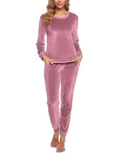 Produktbild: Wayleb Damen Schlafanzug Lang Velour Pyjama Set Langarm Rundhals Flanell Loungewear Freizeitanzug Zweiteiliger Homewear Kuschelig Samtanzug Sportanzug Jogginganzug mit Tasche, Rosa S