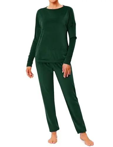 Produktbild: Wayleb Pyjama Damen Set Zweiteilig Rundhals Langarm Schlafanzug Kuscheliger Velours Hausanzug Homewear Nachtwäsche für Zuhause, Dunkelgrün -A, XXL