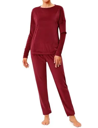 Produktbild: Wayleb Damen Schlafanzug Set Langarm Rundhals Zweiteiler Pyjama Hausanzug Warm Loungewear Herbst Winter Velours Kuschelig Homewear mit Hose, Weinrot -A, S