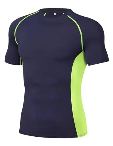 Produktbild: Wayleb Funktionsshirt Herren Kurzarm Kompressionsshirt Sportshirt Atmungsaktive Funktionsshirt Schnelltrocknend Laufshirt Fitness Gym Compression T-Shirt, Blau Fluoreszierendes Grün M