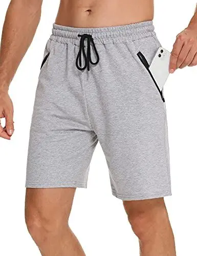 Produktbild: Wayleb Herren Sommer Einfarbig Freizeit Kurze Hosen Strand Shorts Leicht Baumwolle Sweat Sporthose Männer Kurz Jogginghose mit Reißverschlusstasche, Grau S