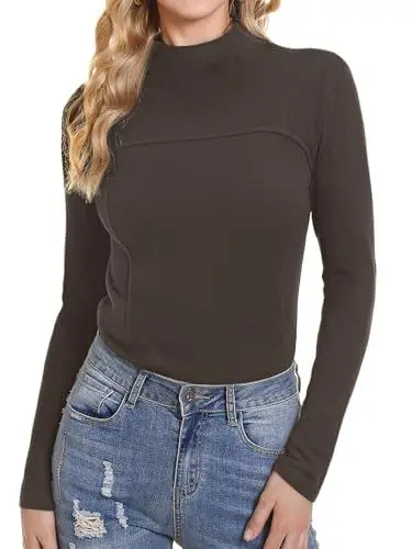 Produktbild: Wayleb Rollkragenshirt Damen Langarm Figurbetont Shirt Elegant Stehkragen Thermo Oberteil Winter Casual Einfarbig Thermohemd Basic Rollkragenpullover Frauen Longsleeve, Braun XL