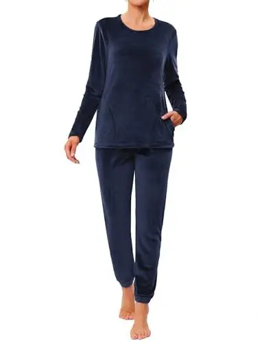 Produktbild: Wayleb Schlafanzug Frauen Warm Langarm Set aus weichem Samt‑Fleece Pyjama Zweiteiler mit Rundhals Taschen Hose mit Kordelzug Winter Hausanzug, Navy blau -B, M