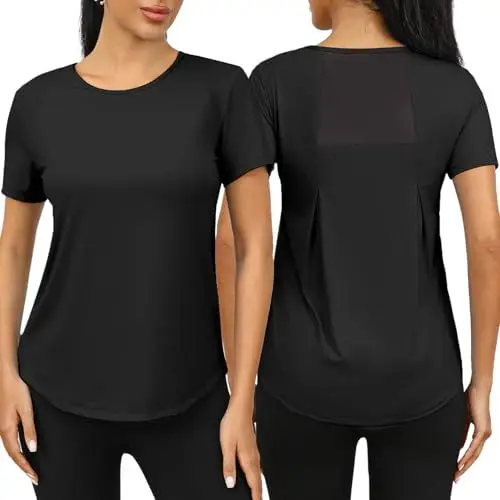 Produktbild: Wayleb Sportshirt Damen Kurzarm - Leichtes Atmungsaktiv Sport T-Shirt - Sommer Funktionsshirt mit Back Mesh - Locker Casual Sportoberteil fur Fitness Gym Yoga, Schwarz M