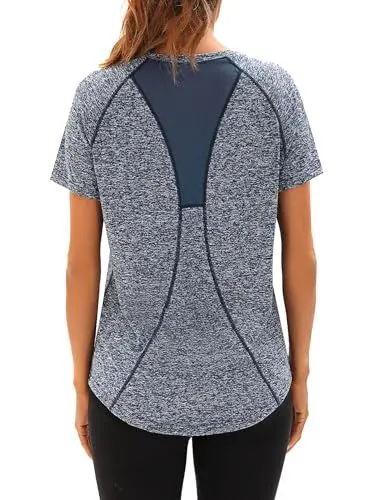 Produktbild: Wayleb Sport T-Shirt Damen Kurzarm V Ausschnitt Sportshirt Fitness T Shirts Lässig Laufshirt Yoga Oberteile Tops Atmungsaktiv Gym Funktionsshirt Tshirt, Navy blau L