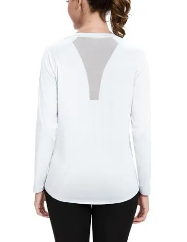 Produktbild: Wayleb Sport T-Shirt Damen Langarm V-Ausschnitt Sportshirt Back Mesh Leichtes Atmungsaktiv Fitness Shirts Laufen Yoga Langarmshirt Gym Funktionsshirt Einfarbig Locker, Weiß M