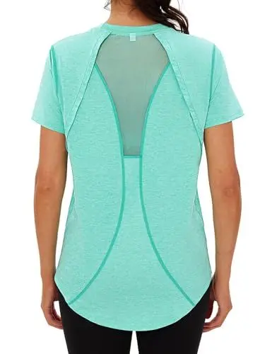 Produktbild: Wayleb Sport T-Shirt Damen Rundhals Sportshirt Kurzarm Activewear-T-Shirts Sommer Funktionsshirt Leichtes Atmungsaktiv Back Mesh Laufshirt Fitness Yoga Oberteile Top, Grün S