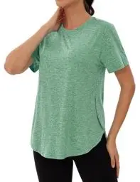 Produktbild: Wayleb Sport T-Shirt Damen Rundhals Sportshirt Kurzarm Activewear-T-Shirts Sommer Funktionsshirt Leichtes Atmungsaktiv Laufshirt Fitness Yoga Oberteile Top mit Seitenschlitzen, Fruchtgrün S
