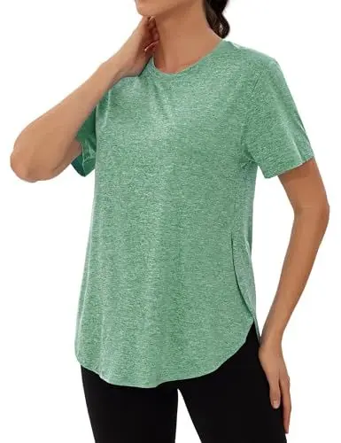 Produktbild: Wayleb Sport T-Shirt Damen Rundhals Sportshirt Kurzarm Activewear-T-Shirts Sommer Funktionsshirt Leichtes Atmungsaktiv Laufshirt Fitness Yoga Oberteile Top mit Seitenschlitzen, Fruchtgrün S