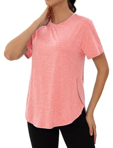 Produktbild: Wayleb Sport T-Shirt Damen Rundhals Sportshirt Kurzarm Activewear-T-Shirts Sommer Funktionsshirt Leichtes Atmungsaktiv Laufshirt Fitness Yoga Oberteile Top mit Seitenschlitzen, Orange S