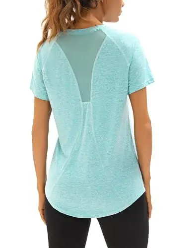 Produktbild: Wayleb Sport T-Shirt Damen V-Ausschnitt Sportshirt Kurzarm Oberteile Sommer Funktionsshirt Leichtes Atmungsaktiv Back Mesh Laufshirt Fitness Yoga Top Sportbekleidung, See blau S