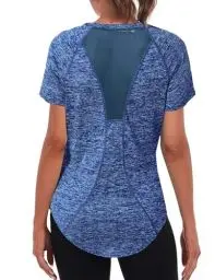 Produktbild: Wayleb Sport Tshirts Damen Kurzarm Rundhals Schnell Trocken Laufshirt Sportshirt Back Mesh Atmungsaktiv Funktionsshirt Fitness Gym Yoga T-Shirt Oberteile Tops, Dunkelblau M