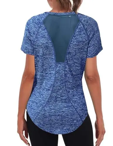 Produktbild: Wayleb Sport Tshirts Damen Kurzarm Rundhals Schnell Trocken Laufshirt Sportshirt Back Mesh Atmungsaktiv Funktionsshirt Fitness Gym Yoga T-Shirt Oberteile Tops, Dunkelblau M