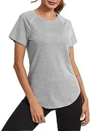 Produktbild: Wayleb Damen Sport T-Shirt Back Mesh Laufshirt Sportshirt Kurzarm Funktionsshirt Atmungsaktiv Schnell Trocken Gym Shortsleeve Oberteile Yoga Tops, Hellgrau L