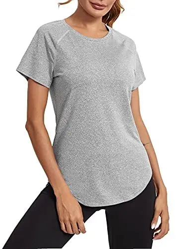 Produktbild: Wayleb Damen Sport T-Shirt Back Mesh Laufshirt Sportshirt Kurzarm Funktionsshirt Atmungsaktiv Schnell Trocken Gym Shortsleeve Oberteile Yoga Tops, Hellgrau L