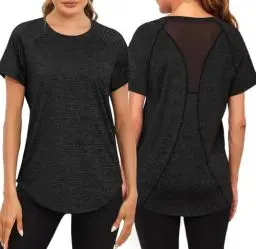 Produktbild: Wayleb Damen Sport T-Shirt Back Mesh Laufshirt Sportshirt Kurzarm Rundhals Sportoberteile Atmungsaktiv Funktionsshirt Trainingsshirt Gym Longshirt Yoga Tops, Schwarz XXL