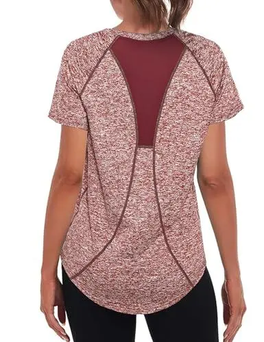 Produktbild: Wayleb Sport Tshirts Damen Locker Sportshirt Kurzarm Funktionsshirt Rundhals Sportlich T-Shirt Back Mesh Atmungsaktives Laufshirt Trainingsshirt Sportoberteile, Rotwein XL