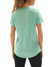 Produktbild: Wayleb Sportshirt Damen Kurzarm V-Ausschnitt Sommer Sport T-Shirts Sommer Leichtes Atmungsaktiv Back Mesh Laufshirt Fitness Gym Oberteile Frauen Longshirt Yoga Top, Grün L