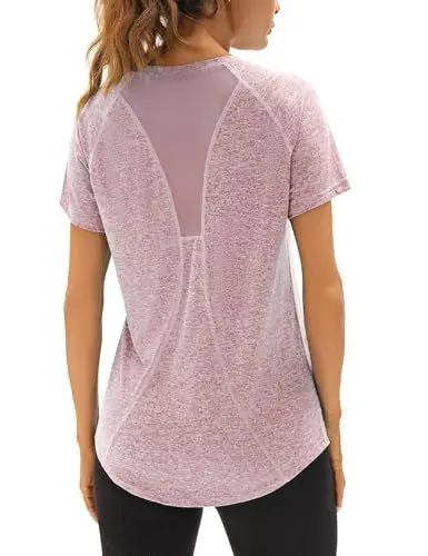 Produktbild: Wayleb Sportshirt Damen Kurzarm V-Ausschnitt Sommer Sport T-Shirts Sommer Leichtes Atmungsaktiv Back Mesh Laufshirt Fitness Gym Oberteile Frauen Longshirt Yoga Top, Hellrosa-lila L