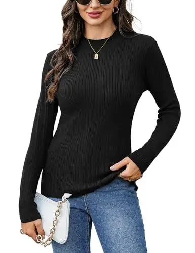 Produktbild: Wayleb Strickpullover Damen Gerippter Rollkragenpullover Feinstrick Langarm Stehkragen Strick Pullover Sweater Elegant Strickpulli Herbst Winter Einfarbig Pulli, Schwarz M