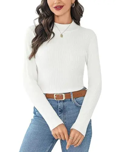Produktbild: Wayleb Strickpullover Damen Gerippter Rollkragenpullover Feinstrick Langarm Stehkragen Strick Pullover Sweater Elegant Strickpulli Herbst Winter Einfarbig Pulli, Weiß M
