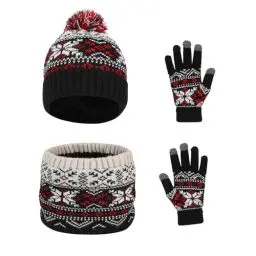Produktbild: Waylipun 3 in 1 Wintermütze Schal Handschuhe Set - Warme Strickmütze Mit Plüsch Innenfutter für 2-7 Jahre Kinder Jungen Mädchen (Schwarz)