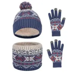 Produktbild: Waylipun Kinder Wintermütze Schal Handschuhe Set, 3 in 1 Warm Winte Strickmütze Kinder Mütze Set mit Plüsch Innenfutter für 2-7 Jahre Kinder Jungen Mädchen (Klein Blau)