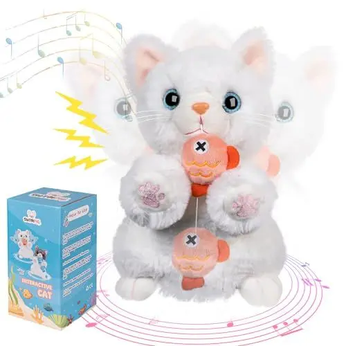 Produktbild: WAYPIN SION Interaktive Plüsch-Katze, Kätzchen-Haustier, niedliche Stofftiere, Essen Fisch Katze mit Papagei, wiederholen Sie Schütteln Körper und Kopf, Festival-Geschenke für Kinder (Orange
