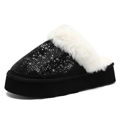 Produktbild: Waysoland Hausschuhe Damen,Warme Damen Plattform Hausschuhe mit Strasssteinen Memory Foam rutschfest Kunstfell bequeme Winter Pantoffeln Drinnen Draußen(Schwarz,40/41 EU)
