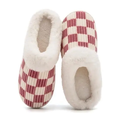 Produktbild: Waysoland Hausschuhe Damen Herren,Flauschige Damen Plüsch Pantoffeln aus Memory-Schaum Kariert Rutschfeste Sohle für Schlafzimmer Winter Slippers für Drinnen Draußen(Fluffy Rosa,40/41 EU)