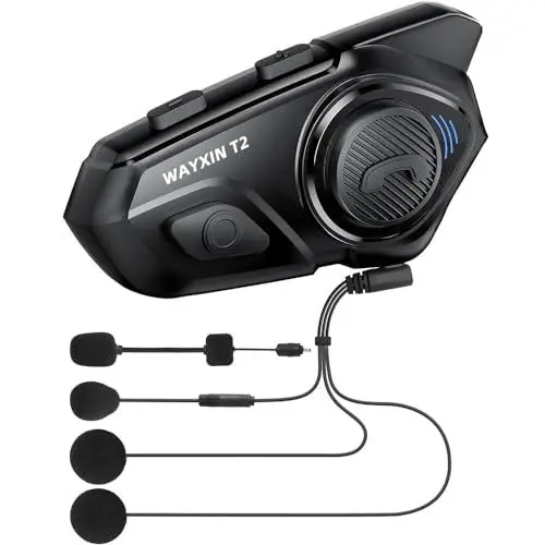 Produktbild: WAYXIN T2 Motorrad Headset mit Gegensprechanlage,Helm Kommunikationssystem für bis zu 2 Motorräder in Reichweite von 300m, mit Sprachassistent, Wasserdicht Freisprecheinrichtung,Musikanrufsteuerung