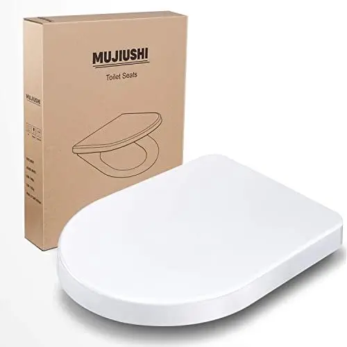 Produktbild: WC Sitz, MUJIUSHI Toilettendeckel Klodeckel mit Quick-Release-Funktion, Absenkautomatik und Justierbaren Edelstahlscharnier, Antibakterielle Klobrille Universelle Größe D-Form PP Toilettensitz